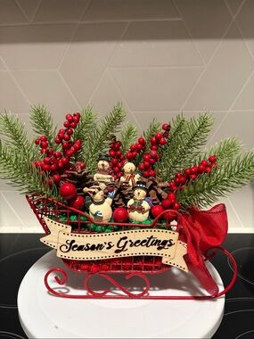 Hand Crafted Red and Green Holiday Sleigh with Snowman Accents